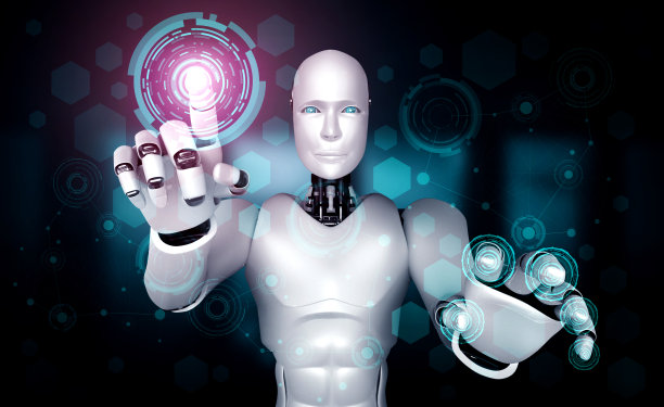 人工智能仿人机器人触摸虚拟全息屏幕,展示人工智能大脑的概念图片 人工智能仿人机器人触摸虚拟全息屏幕,展示人工智能大脑的概念图片下载