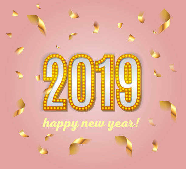 2019年新年快乐字豪华高档灯泡文字模板与金色纸屑在粉红色优雅的背景。贺年卡设计。矢量插图EPS 10图片 2019年新年快乐字豪华高档灯泡文字模板与金色纸屑在粉红色优雅的背景。贺年卡设计。矢量插图EPS 10图片下载