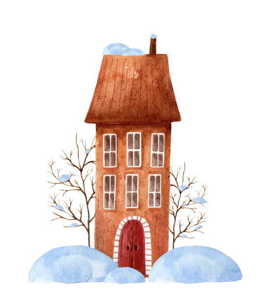 冬天的水彩画与一个棕色的房子和树在雪图片 冬天的水彩画与一个棕色的房子和树在雪图片下载