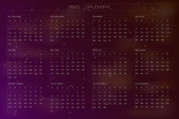 2021年日历暗太空天文风格。夜晚宇宙紫橙色渐变天空和闪亮的星星。日历设计概念周从周日开始图片 2021年日历暗太空天文风格。夜晚宇宙紫橙色渐变天空和闪亮的星星。日历设计概念周从周日开始图片下载