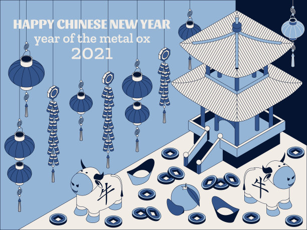 快乐春节背景与创意白牛和悬挂灯笼图片 快乐春节背景与创意白牛和悬挂灯笼图片下载