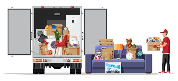 里面装满了家庭用品的快递车。图片 里面装满了家庭用品的快递车。图片下载