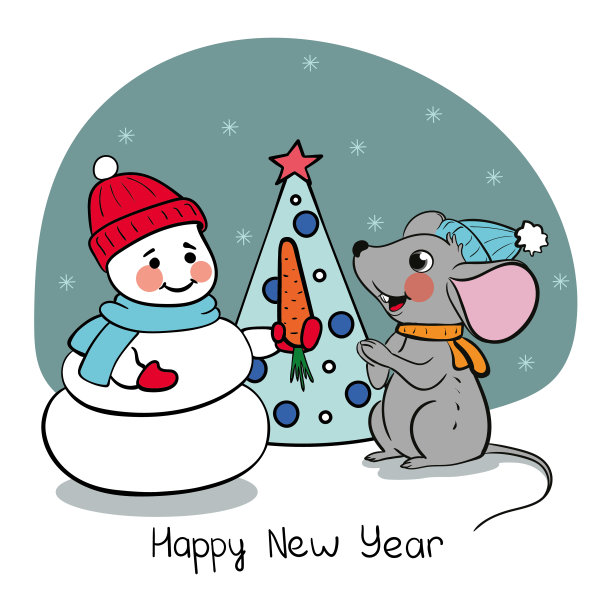 卡片上有可爱的小老鼠和雪人:新年快乐。矢量插图在红色和蓝色的圣诞节海报,卡片,礼品标签图片 卡片上有可爱的小老鼠和雪人:新年快乐。矢量插图在红色和蓝色的圣诞节海报,卡片,礼品标签图片下载