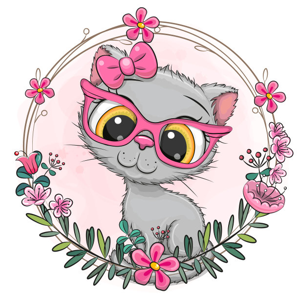 带花环的卡通灰色小猫图片 带花环的卡通灰色小猫图片下载