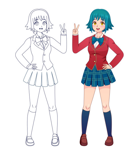 动画漫画的女孩。日本漫画可爱的女学生穿着校服为书页涂色。卡通人物全身矢量轮廓的孩子图片 动画漫画的女孩。日本漫画可爱的女学生穿着校服为书页涂色。卡通人物全身矢量轮廓的孩子图片下载