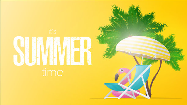 黄旗夏天的时候。白色背景上黄色条纹的躺椅和遮阳伞。棕榈树和粉红色的火烈鸟游泳圈。矢量图图片 黄旗夏天的时候。白色背景上黄色条纹的躺椅和遮阳伞。棕榈树和粉红色的火烈鸟游泳圈。矢量图图片下载