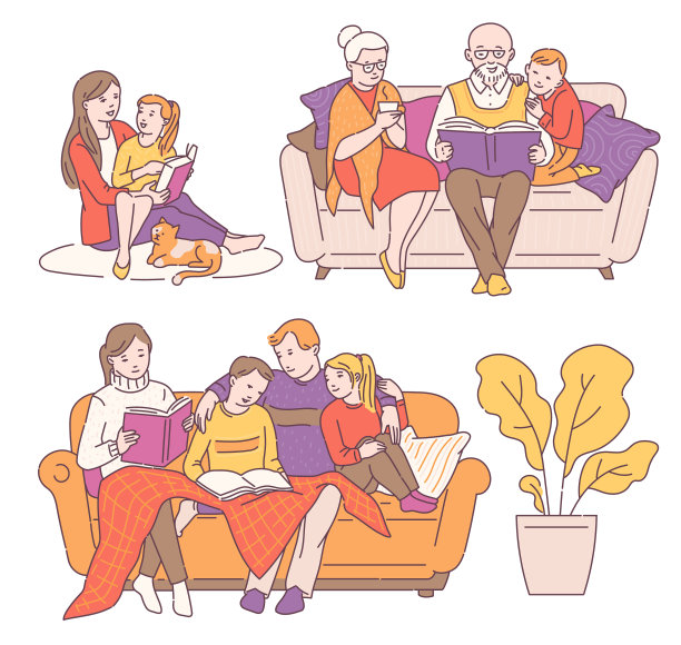 Set family reading a book together卡通画图片 Set family reading a book together卡通画图片下载