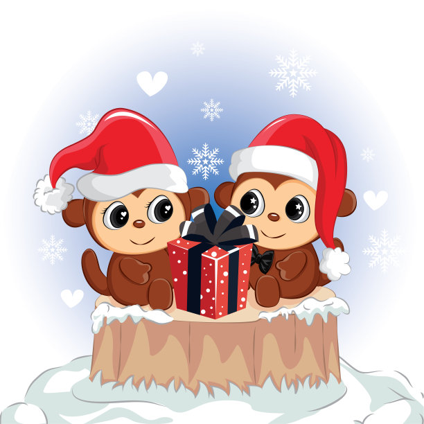 幸福的情侣猴子拿着红色礼品盒。圣诞节可爱的猴子。图片 幸福的情侣猴子拿着红色礼品盒。圣诞节可爱的猴子。图片下载