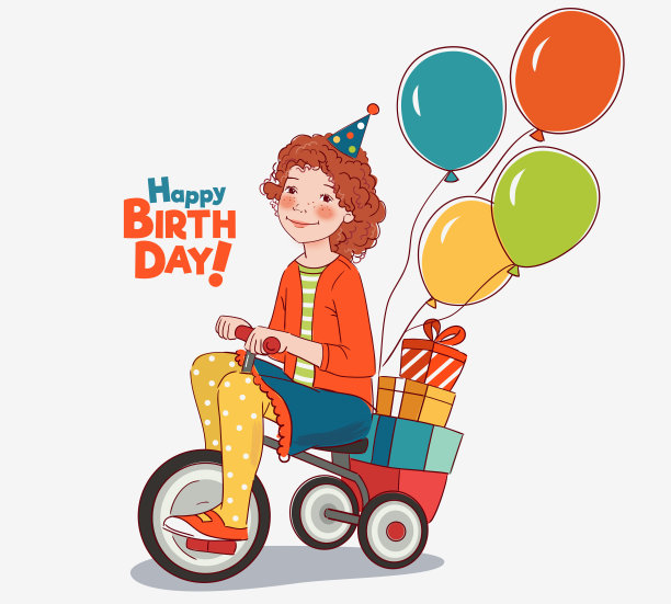 可爱的孩子骑自行车。有趣的女孩玩得很开心。生日快乐插图矢量概念图片 可爱的孩子骑自行车。有趣的女孩玩得很开心。生日快乐插图矢量概念图片下载