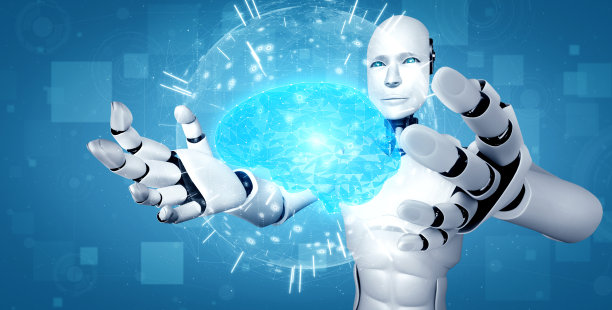 人工智能人形机器人手持虚拟全息图屏幕,展示人工智能大脑的概念图片 人工智能人形机器人手持虚拟全息图屏幕,展示人工智能大脑的概念图片下载