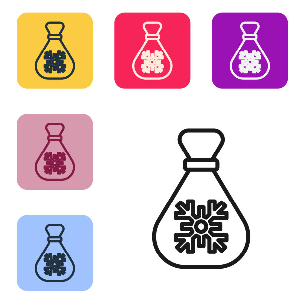 白色背景的黑线圣诞老人礼品袋图标,彩色方块按钮矢量图片 白色背景的黑线圣诞老人礼品袋图标,彩色方块按钮矢量图片下载