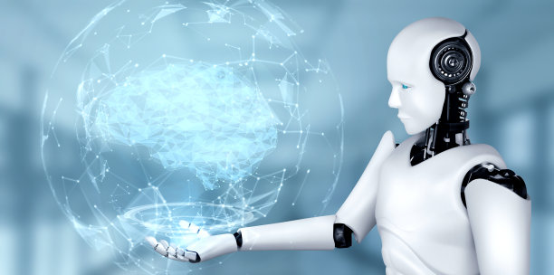 人工智能人形机器人手持虚拟全息图屏幕,展示人工智能大脑的概念图片 人工智能人形机器人手持虚拟全息图屏幕,展示人工智能大脑的概念图片下载