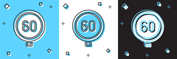 设置限速交通标志60公里图标孤立在蓝,白,黑背景。向量图片 设置限速交通标志60公里图标孤立在蓝,白,黑背景。向量图片下载