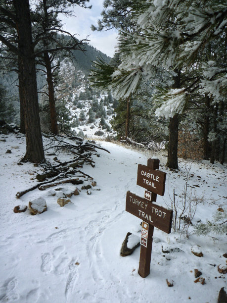 雪脚印小径标志城堡和火鸡步道猎鹰山科罗拉多州冬天图片 雪脚印小径标志城堡和火鸡步道猎鹰山科罗拉多州冬天图片下载