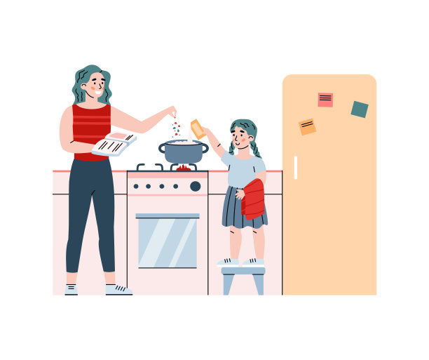 母亲教和帮助女儿做饭,孤立的卡通矢量插图。图片 母亲教和帮助女儿做饭,孤立的卡通矢量插图。图片下载