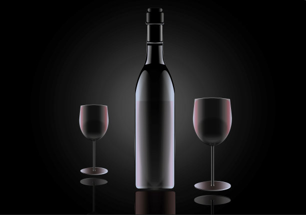 黑色背景上的一瓶红酒和两个玻璃杯。图片 黑色背景上的一瓶红酒和两个玻璃杯。图片下载