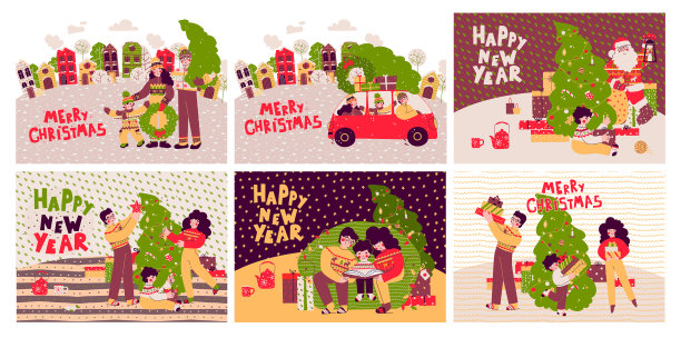卡通圣诞贺卡设置海报merry图片 卡通圣诞贺卡设置海报merry图片下载