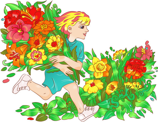 可爱的女孩与花矢量插图图片 可爱的女孩与花矢量插图图片下载