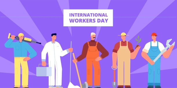 国际工人的一天。劳动工人职业、职业假日海报。不同的工人穿着统一的工作服,工业工作发出矢量旗帜图片 国际工人的一天。劳动工人职业、职业假日海报。不同的工人穿着统一的工作服,工业工作发出矢量旗帜图片下载
