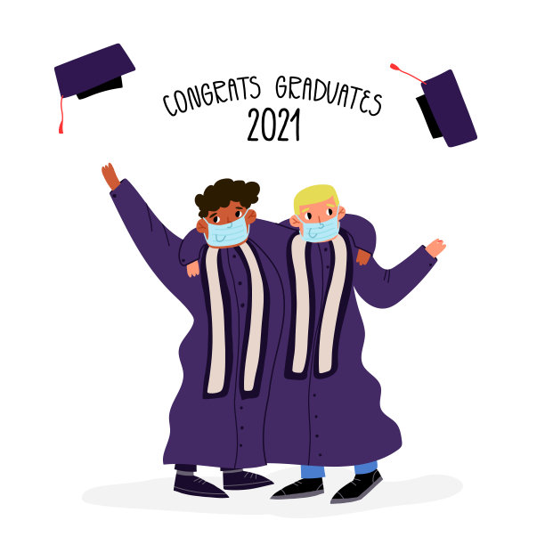 学生们戴着医用口罩,穿着学士服,将他们的方形毕业帽抛向空中。2019冠状病毒病大流行期间大学毕业。祝贺2021年的毕业生。矢量插图。图片 学生们戴着医用口罩,穿着学士服,将他们的方形毕业帽抛向空中。2019冠状病毒病大流行期间大学毕业。祝贺2021年的毕业生。矢量插图。图片下载