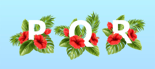 P Q R字母被夏天的热带树叶和红色的木槿花包围。夏日装饰用的热带字体。矢量图图片 P Q R字母被夏天的热带树叶和红色的木槿花包围。夏日装饰用的热带字体。矢量图图片下载