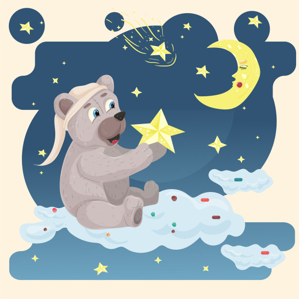 婴儿熊戴着睡帽坐在云上,抱着一颗星星图片 婴儿熊戴着睡帽坐在云上,抱着一颗星星图片下载
