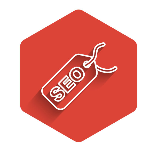 白线SEO优化图标孤立与长阴影。红色的六角按钮。向量图片下载