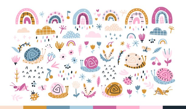 彩虹蜗牛在雨中。夏季矢量集在丰富多彩的趋势颜色。手绘的幼稚幼稚的插图在一个有限的调色板简单的斯堪的纳维亚风格。白色背景隔离图片 彩虹蜗牛在雨中。夏季矢量集在丰富多彩的趋势颜色。手绘的幼稚幼稚的插图在一个有限的调色板简单的斯堪的纳维亚风格。白色背景隔离图片下载