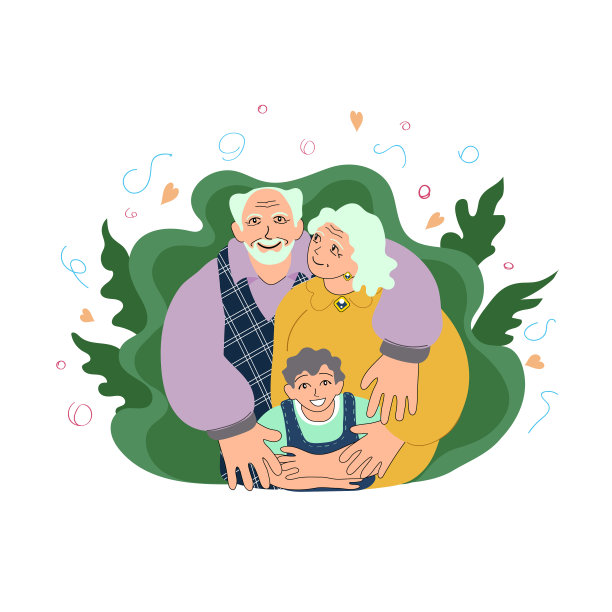 快乐的欧洲祖父母和孙子站在一起拥抱。一对有孩子的老夫妇。漫画矢量图图片 快乐的欧洲祖父母和孙子站在一起拥抱。一对有孩子的老夫妇。漫画矢量图图片下载