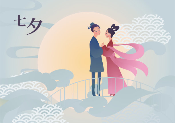 矢量插图卡为中国七夕节。一对可爱的卡通人物牛郎和织女站在桥上。字幕翻译:七夕,也可读作七夕图片 矢量插图卡为中国七夕节。一对可爱的卡通人物牛郎和织女站在桥上。字幕翻译:七夕,也可读作七夕图片下载