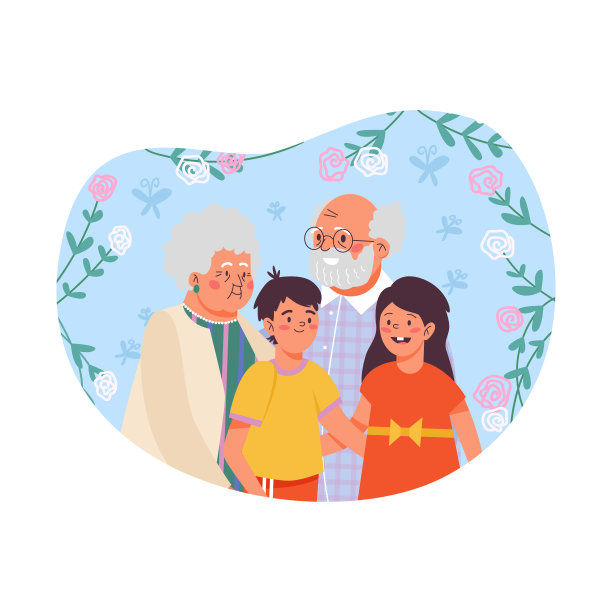 祖父母和孙辈在花卉背景平面矢量插图。图片 祖父母和孙辈在花卉背景平面矢量插图。图片下载