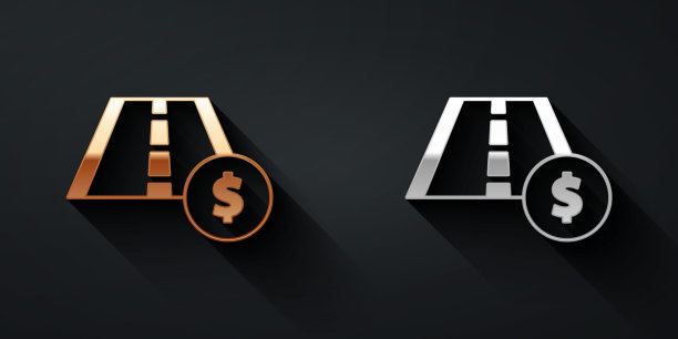 金银收费公路交通标志。路标图标孤立在黑色背景上。指针的象征。街道信息信号。方向的信号。长长的阴影风格。向量图片 金银收费公路交通标志。路标图标孤立在黑色背景上。指针的象征。街道信息信号。方向的信号。长长的阴影风格。向量图片下载