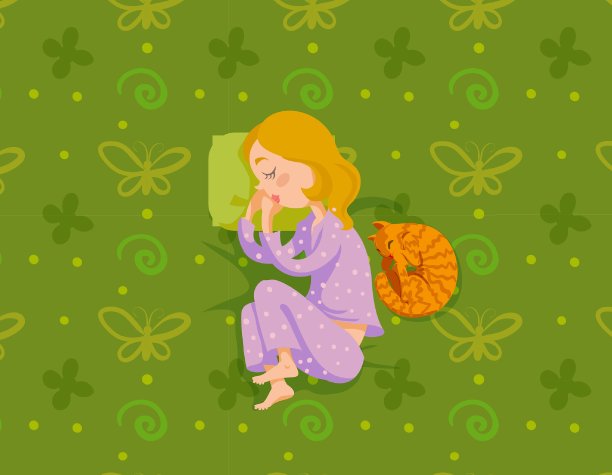 卡通风格的小女孩睡在床上。在蓝天背景上的书法文字。矢量插图。图片 卡通风格的小女孩睡在床上。在蓝天背景上的书法文字。矢量插图。图片下载