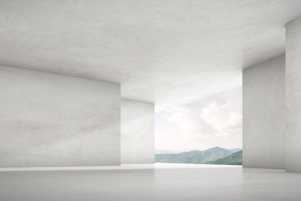 空的混凝土房间的3d渲染与大窗户在山的背景。图片 空的混凝土房间的3d渲染与大窗户在山的背景。图片下载