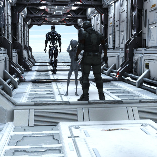 一个士兵在一个长长的走廊里和一个灰色的外星人说话,背景里有一个机器人走向一个打开的舱门。图片 一个士兵在一个长长的走廊里和一个灰色的外星人说话,背景里有一个机器人走向一个打开的舱门。图片下载