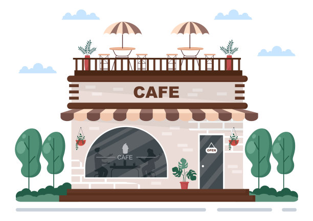 咖啡馆或咖啡馆插图与开放的板,树,和建筑商店外观。平面设计概念图片 咖啡馆或咖啡馆插图与开放的板,树,和建筑商店外观。平面设计概念图片下载