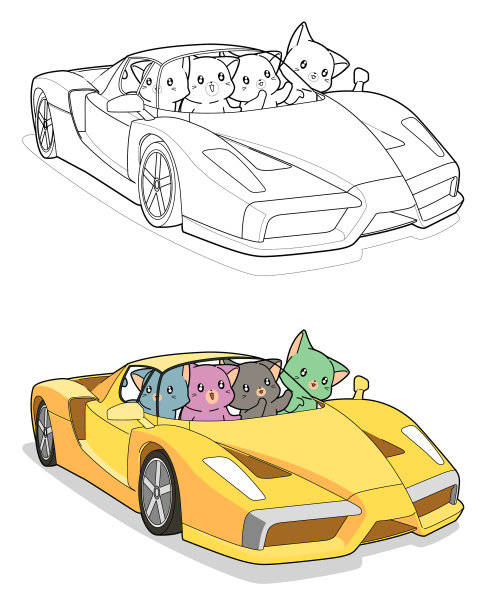 卡哇伊猫在超级汽车卡通容易上色图片 卡哇伊猫在超级汽车卡通容易上色图片下载
