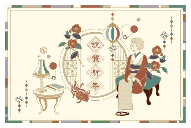 和服女子和复古圆窗矢量框架插图材料图片 和服女子和复古圆窗矢量框架插图材料图片下载