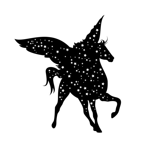 飞马和夜空中有星星的黑白矢量剪影设计图片 飞马和夜空中有星星的黑白矢量剪影设计图片下载