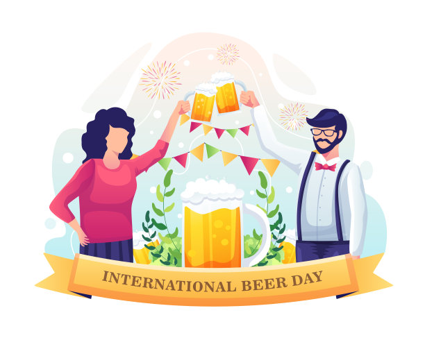 一对夫妇用啤酒吐司庆祝国际啤酒日。矢量图图片 一对夫妇用啤酒吐司庆祝国际啤酒日。矢量图图片下载