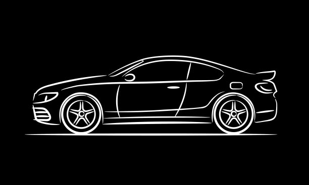 现代轿车小轿车,黑色背景上的抽象轮廓。从侧面看车辆图标。矢量图图片 现代轿车小轿车,黑色背景上的抽象轮廓。从侧面看车辆图标。矢量图图片下载