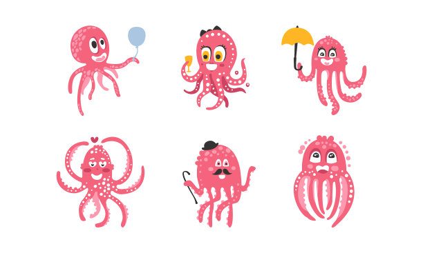 可爱的粉红色章鱼设置有趣的海洋生物图片 可爱的粉红色章鱼设置有趣的海洋生物图片下载