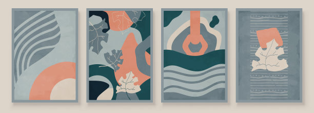 蓝绿色和珊瑚抽象有机植物艺术图片 蓝绿色和珊瑚抽象有机植物艺术图片下载