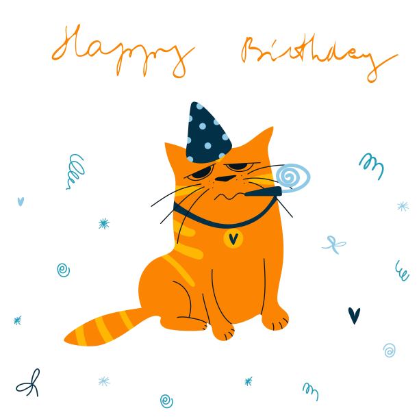 向量贺卡与生姜猫在生日帽和手画字母。生日快乐卡通平面彩色插图图片 向量贺卡与生姜猫在生日帽和手画字母。生日快乐卡通平面彩色插图图片下载