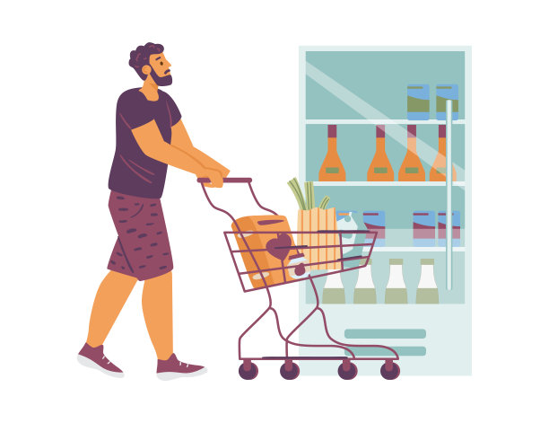 向量插图购物与年轻人与购物车食品在商店。扁平化卡通设计的男性角色在店内从事日常工作。图片 向量插图购物与年轻人与购物车食品在商店。扁平化卡通设计的男性角色在店内从事日常工作。图片下载