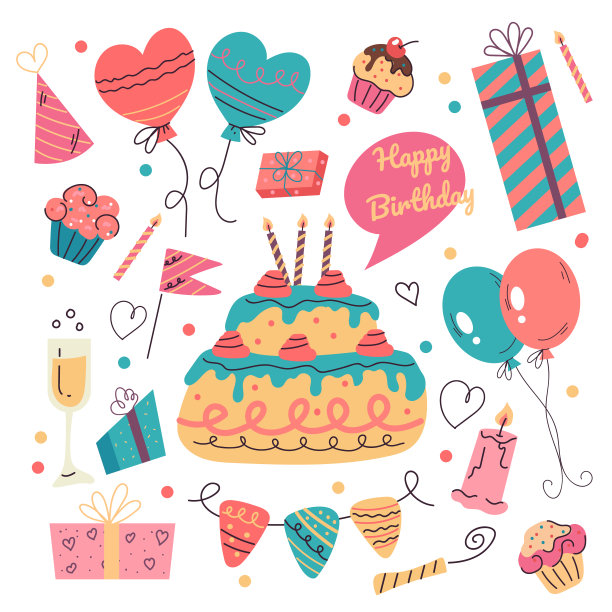 生日快乐涂鸦手绘设计元素矢量平面孤立集合图片 生日快乐涂鸦手绘设计元素矢量平面孤立集合图片下载