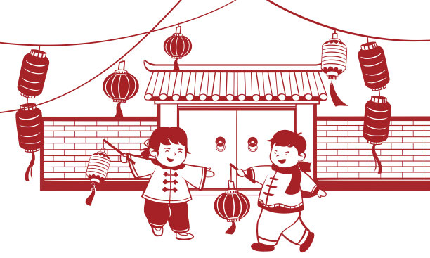 红色喜庆元宵节放花灯儿童提灯笼剪纸插画图片 红色喜庆元宵节放花灯儿童提灯笼剪纸插画图片下载