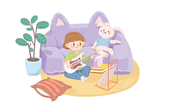卡通儿童小男孩在家弹琴场景插画图片 卡通儿童小男孩在家弹琴场景插画图片下载