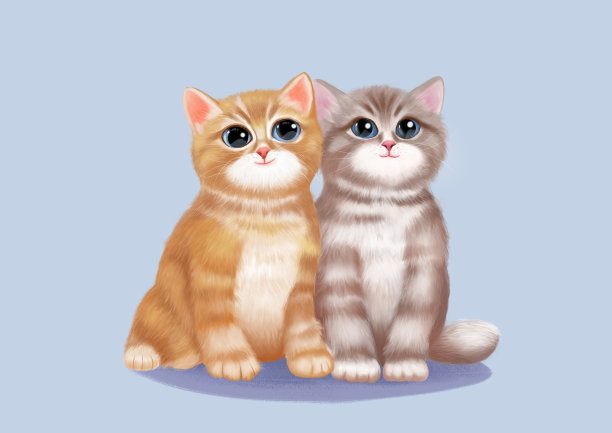 Q版写实黄色虎斑猫和咖啡色虎斑猫插画图片 Q版写实黄色虎斑猫和咖啡色虎斑猫插画图片下载