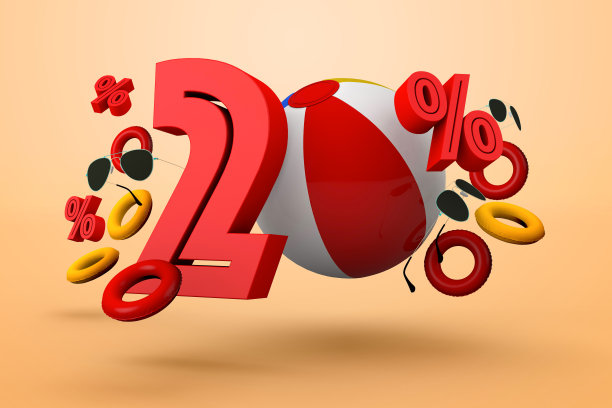 夏季销售20%折扣促销与海滩配件孤立模板3d渲染图片 夏季销售20%折扣促销与海滩配件孤立模板3d渲染图片下载